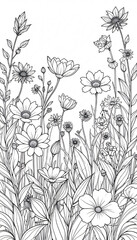 Flower meadow set in outline line art includes blooming elements and decorative foliage designed to enhance botanical illustrations and natural themed creative design project