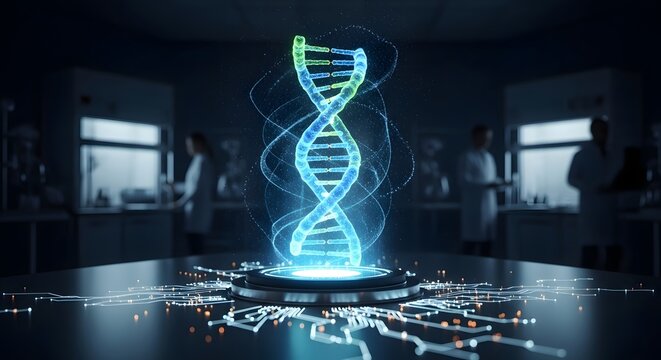 Holographic dna strand on a platform in a lab with researchers in the background creating a futuristic scene
