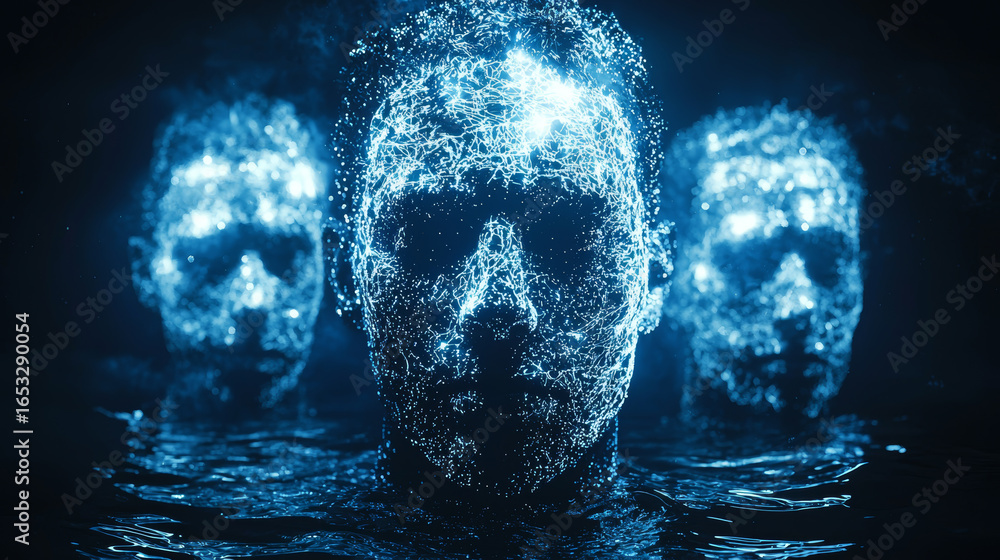 Poster futuristic digital representation of human faces emerging from water, illuminated by glowing blue li