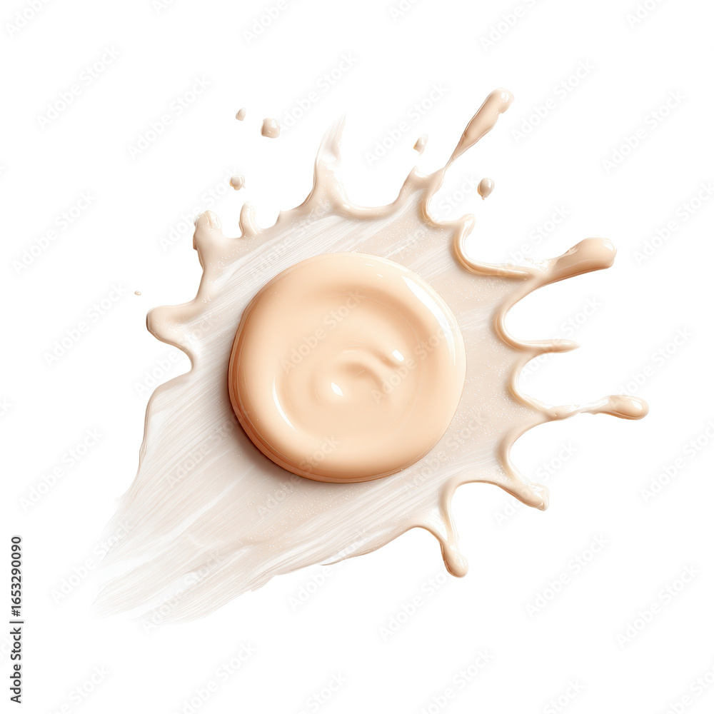 Poster close-up of cream or foundation texture swirled on a clean surface with splashes of color and smooth