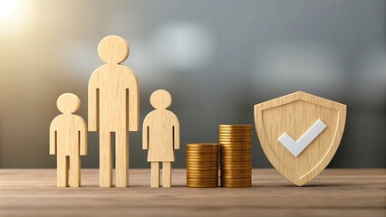 Wooden family figures with stacked coins and shield symbolizing financial protection and family insurance 
