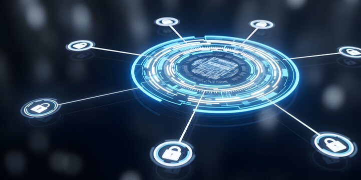 Digital network connection with glowing security icons and central hub