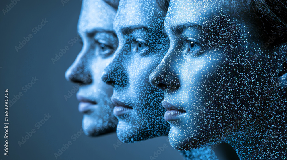 Poster futuristic digital art showcasing three human faces illuminated with blue light, featuring intricate