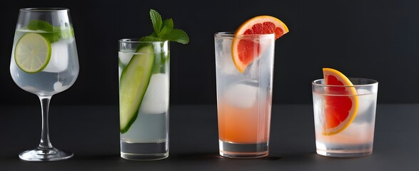 Refreshing Drink Collection: An attractive assortment of expertly crafted beverages, showcasing a selection of artfully arranged glasses with refreshing liquid and delightful garnishes