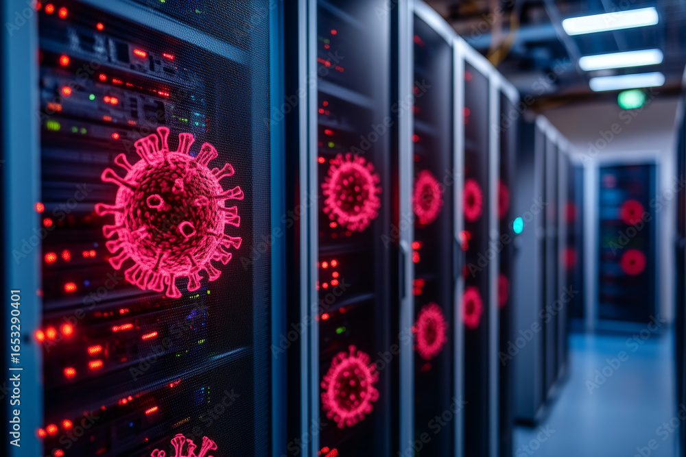 Poster futuristic data center filled with server racks, illuminated by red lights, features virus graphics 