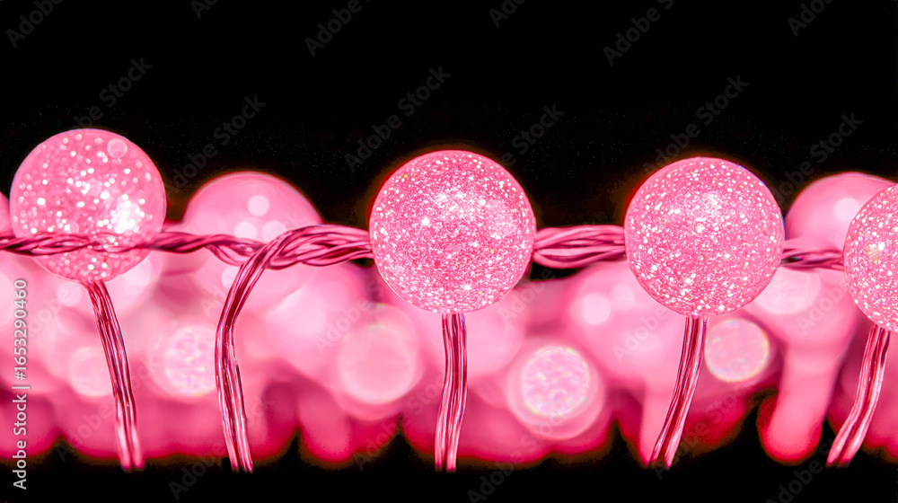 Poster close-up of pink string lights with glowing sparkly spheres against a dark background