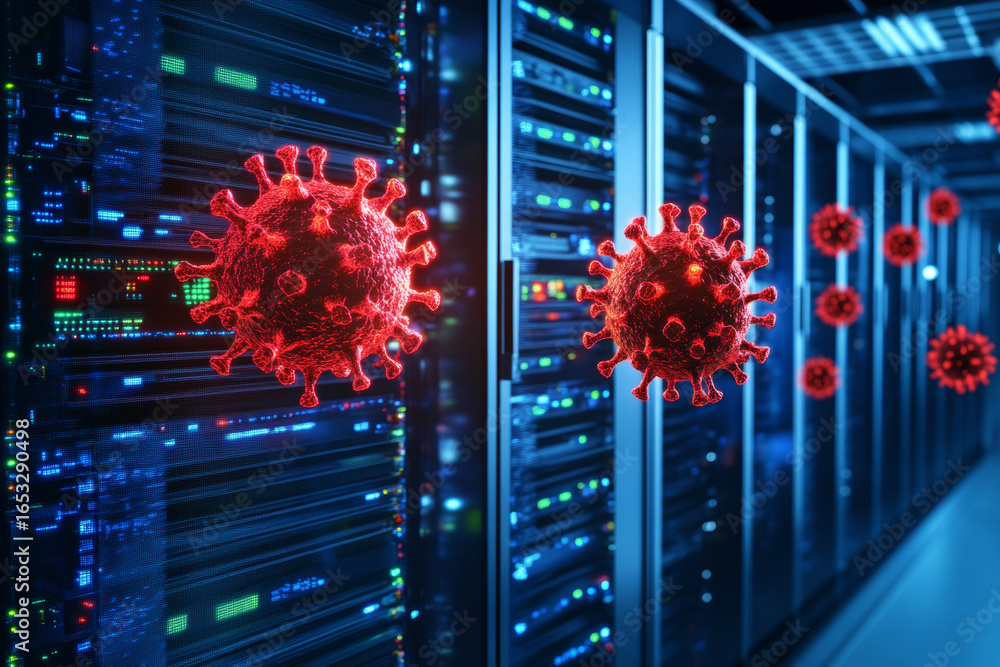 Poster futuristic data center filled with servers is depicted, under attack by virus represented by red, sp