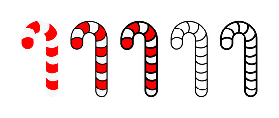 Candy cane cartoon flat and outline style icon set. Vector illustration
