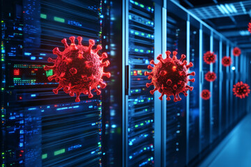 Futuristic data center filled with servers is depicted, under attack by virus represented by red, spherical shapes. scene conveys sense of urgency and technological vulnerability