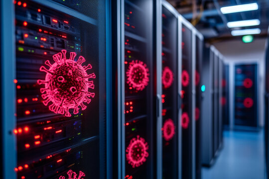 Futuristic data center filled with server racks, illuminated by red lights, features virus graphics on panels, creating dramatic and intense atmosphere