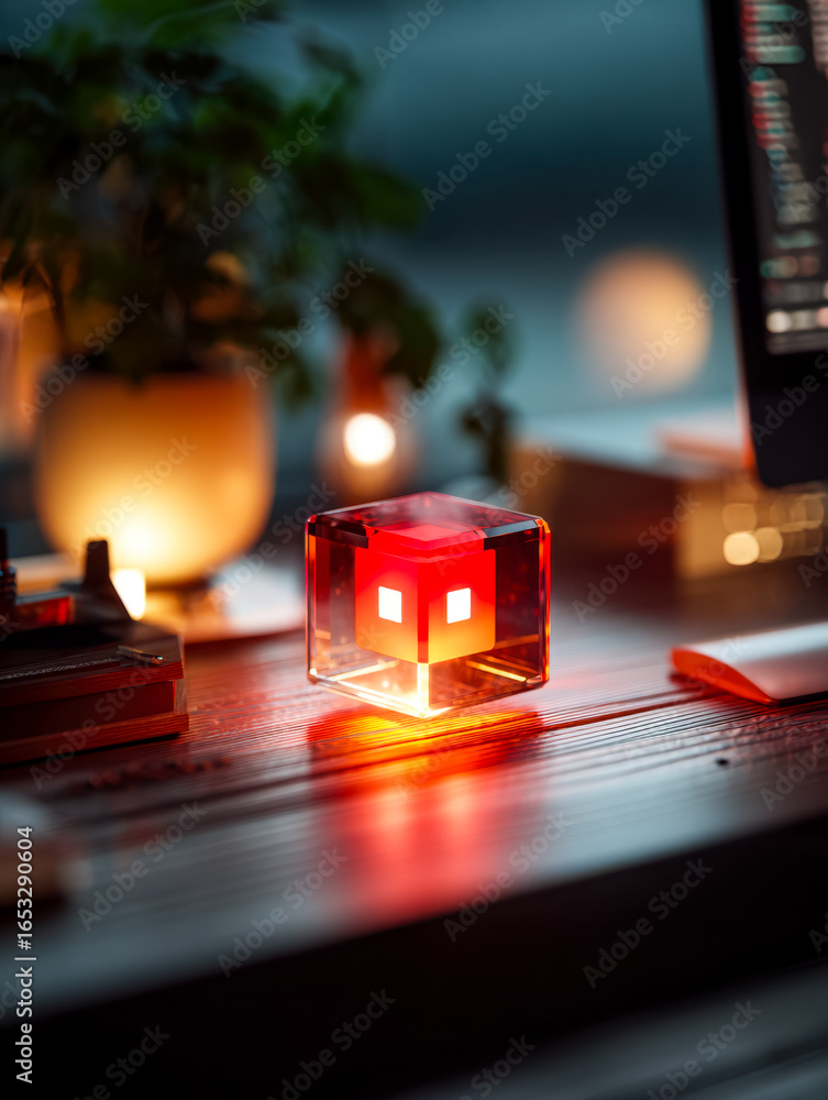 Aufkleber futuristic illuminated cube with digital face on a workspace desk