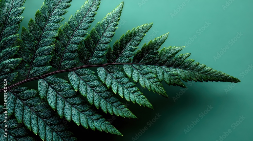 Poster elegant fern leaf displaying intricate details and textures on a green backdrop