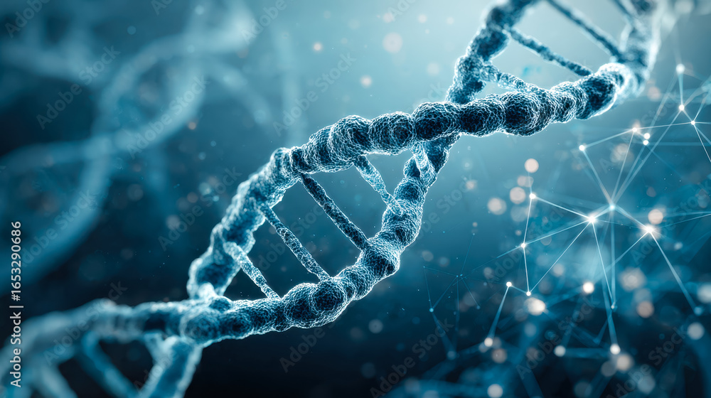 Poster advanced visualization of dna double helix structure with digital network background