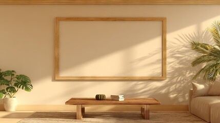Wooden framed picture on a beige wall with a coffee table.