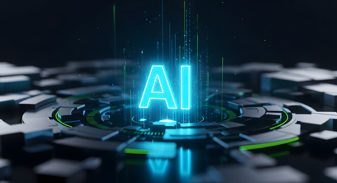 Futuristic ai technology glowing with blue neon light on a dark background - Powered by Adobe