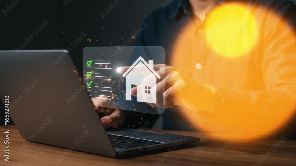 Poster a person using a laptop with a digital house icon and checklist overlay on the screen interface view