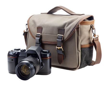 Dslr camera and bag photography equipment accessory isolated on transparent background