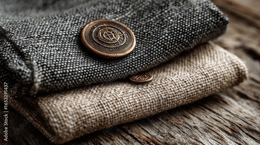 Poster folded burlap material sits on weathered wood surface with a detailed rustic button