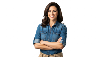 Smiling woman in denim shirt with arms crossed confidently posed for portrait transparent background