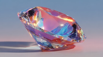 Iridescent diamond floats against gradient background, catching and refracting light, displaying vibrant color spectrum