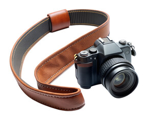 Brown leather camera strap for dslr and mirrorless cameras, isolated on transparent background