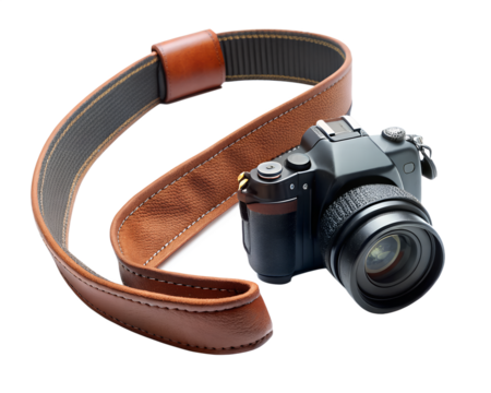 Brown leather camera strap for dslr and mirrorless cameras, isolated on transparent background