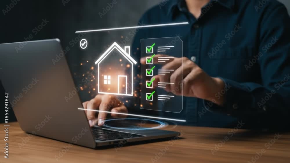 Poster man using laptop with house icon and checklist overlay for property inspection concept on wooden tab