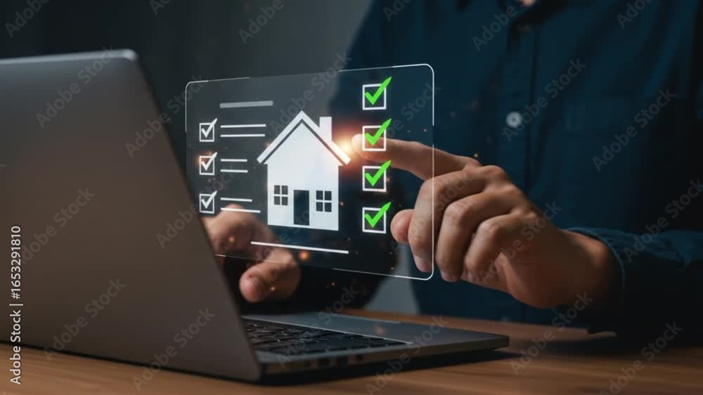 Poster person using laptop with digital checklist interface displaying house and checkmarks on transparent 