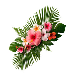 Vibrant tropical flowers and lush green leaves arranged artistically for a bright, fresh display