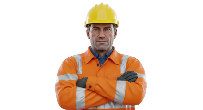 Serious construction worker in safety gear with arms crossed.