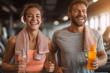 Happy couple enjoying a workout session in a modern gym while staying hydrated with water and sports drink