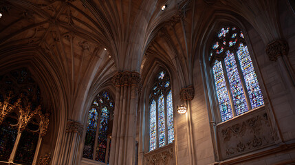 Naklejka premium Ornate Gothic Vaulted Ceiling With Stained Glass Windows architecture interior