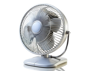 A white electric desk fan with metal grill and blades, isolated on transparent background