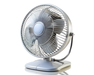 A white electric desk fan with metal grill and blades, isolated on transparent background