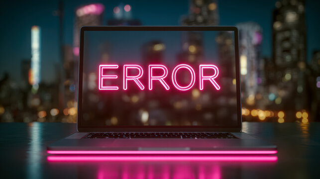 Digital malfunction alert with neon error message against city skyline at night