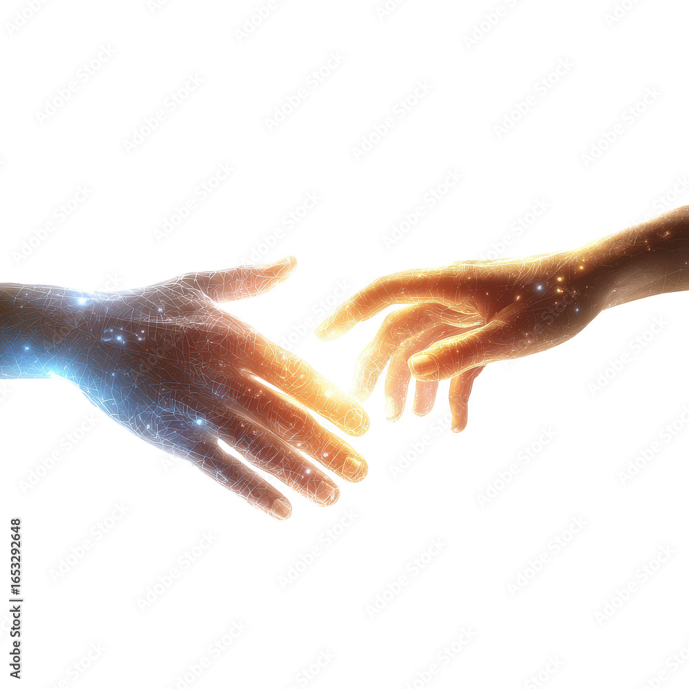 Poster hands reaching towards each other in a moment of connection representing unity and collaboration in 