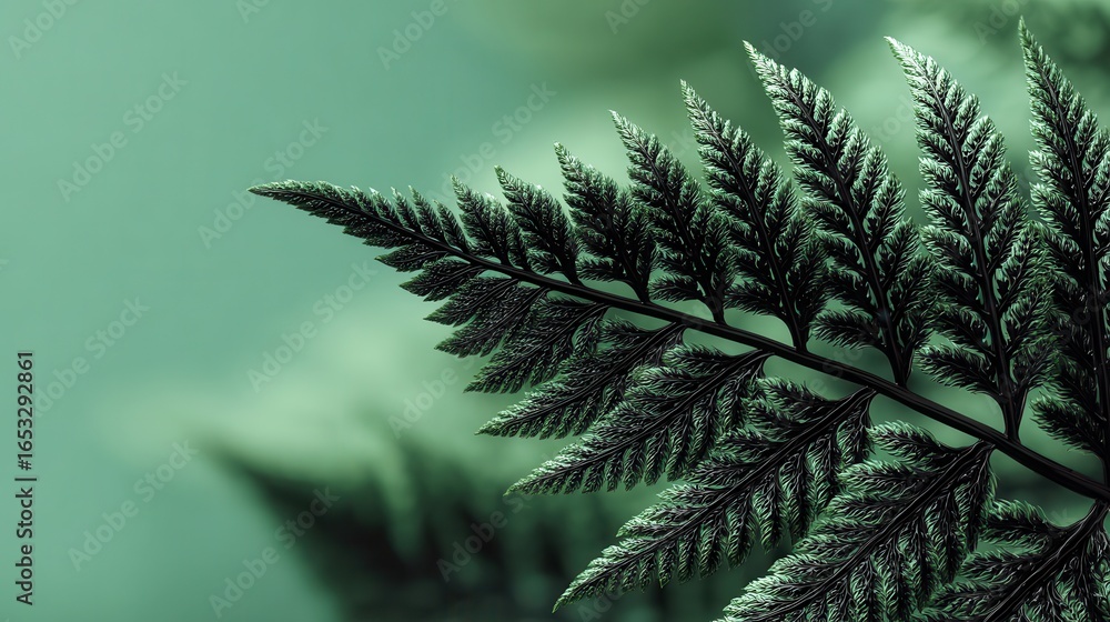 Poster elegant fern leaf displaying intricate details and textures on a green backdrop