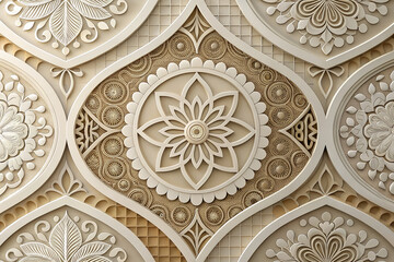 Elegant bas-relief of an intricate Islamic or Indian ornamental pattern. 3D wallpaper with beautiful floral and geometric mandala designs.
Generative Ai.