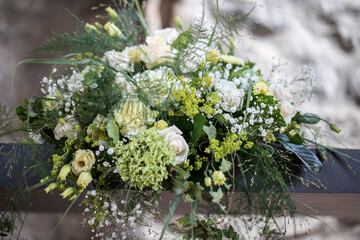 Close-ups of a bridal bouquet, symbolizing the theme of weddings and marriage. Bride and groom. 