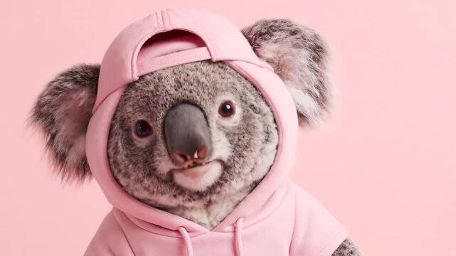 Playful Koala in Pink Hoodie and Cap - A close-up shot of a koala wearing a pink hoodie and baseball cap against a pastel pink background.