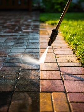 Power washing driveway with a high-pressure water spray on brick pavement