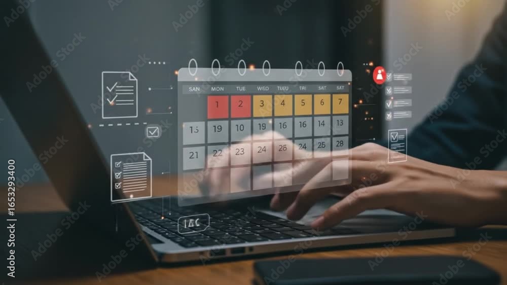 Poster person typing on laptop with calendar and checklist graphics overlayed on the screen display view