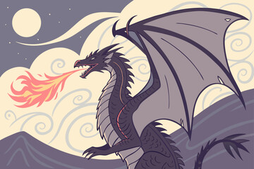 Fototapeta premium Illustration of a dragon breathing fire in a fantasy landscape at night