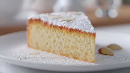Delicious cake slice dusted with powdered sugar and topped with almond slices on a clean white plate.