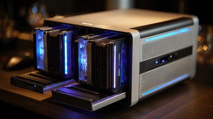 A home NAS server shows one hot-swap bay extended with a drive partially ejected, ambient LED glow lighting the scene.
