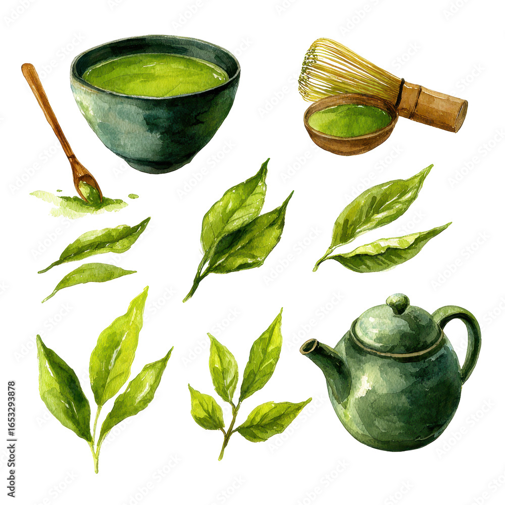 Poster different elements of matcha preparation displayed on a clean background with various tea leaves, ut