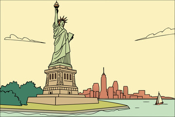 Statue of liberty with new york city skyline and sailboat in the sea