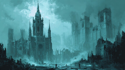 Ruined gothic cathedrals shrouded in ethereal mist under a stormy sky gothic architecture ruined city