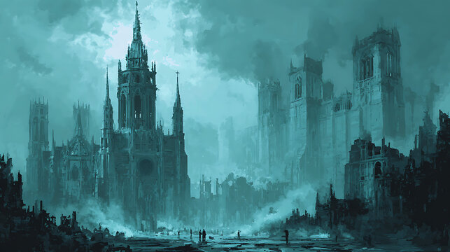Ruined gothic cathedrals shrouded in ethereal mist under a stormy sky gothic architecture ruined city