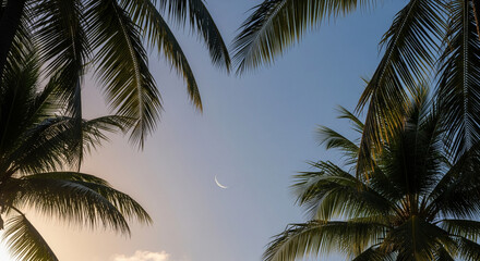 A beautiful low-angle view of palm fronds framing a serene sky. A sliver of the crescent moon is visible against the soft gradient of the evening sky, transitioning from a warm golden hue to a clear b